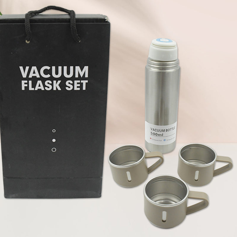 Stainless Steel Vacuum Flask Set With 3 Steel Cups (500ml)