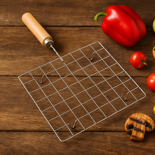 Stainless Steel Square Barbecue Grill Rack With Wooden Handle