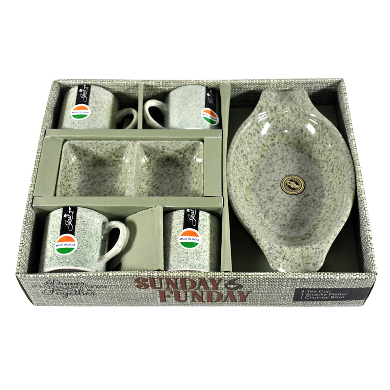8240 Sunday Funday Ceramic Tea  Cups  Mug With Plastic Snacks Platter And 2 Compartment Chutney Bowl Milk Cup Coffee Cup Breakfast Cup Drinking Mug Or Outdoor For Household Gift For Birthday Wedding Party (6 Pcs Set)