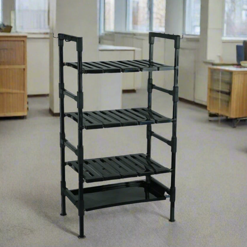 Black shoe rack with shoes on a gray background in a square size