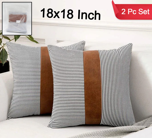 Leather & Cotton Cushion Pillow Covers, (2 Pc)