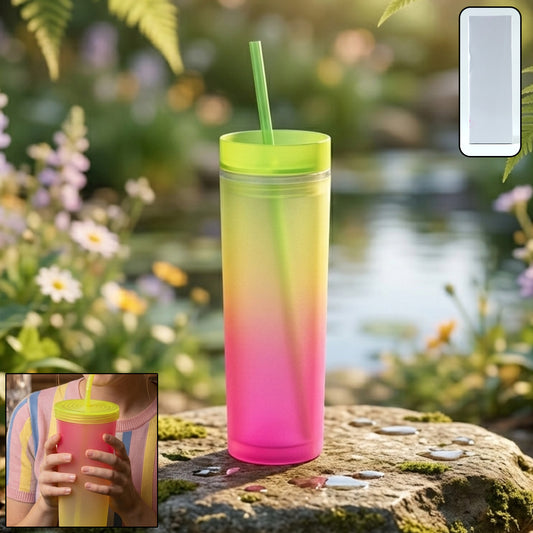Gradient Plastic Drinking Tumbler Cup With Lid And Straw 400 Ml Approx