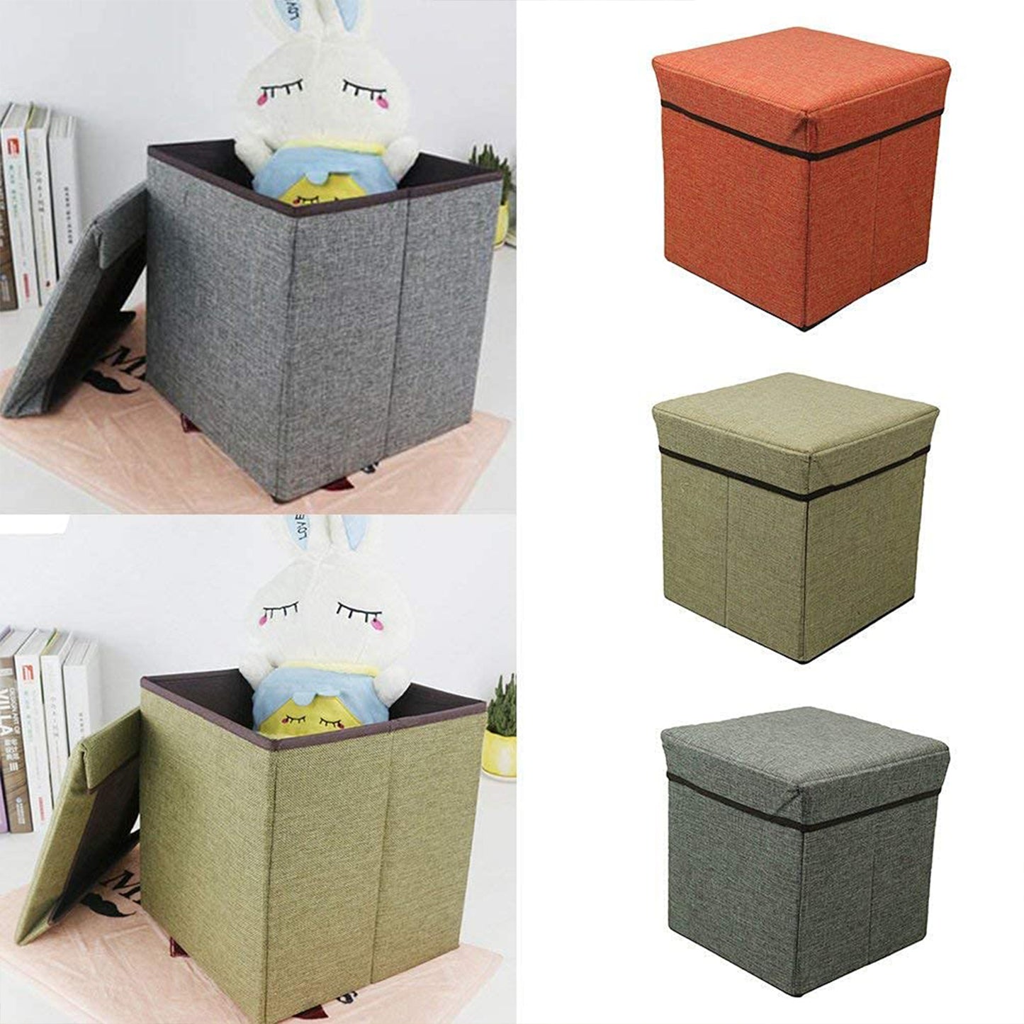 Cube Shape Sitting Stool With Storage Box & Cushion Seat