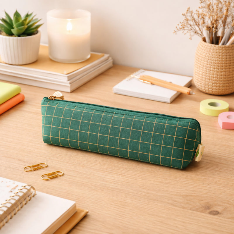 Premium Green Grid Printed Zipper Pencil Pouch Organizer (1 Pc)
