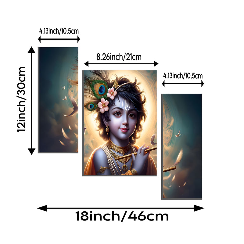 Krishna N Flute 3 Panel Mdf Wall Frame Wall Art Painting 16.5x12in (1 Pc)