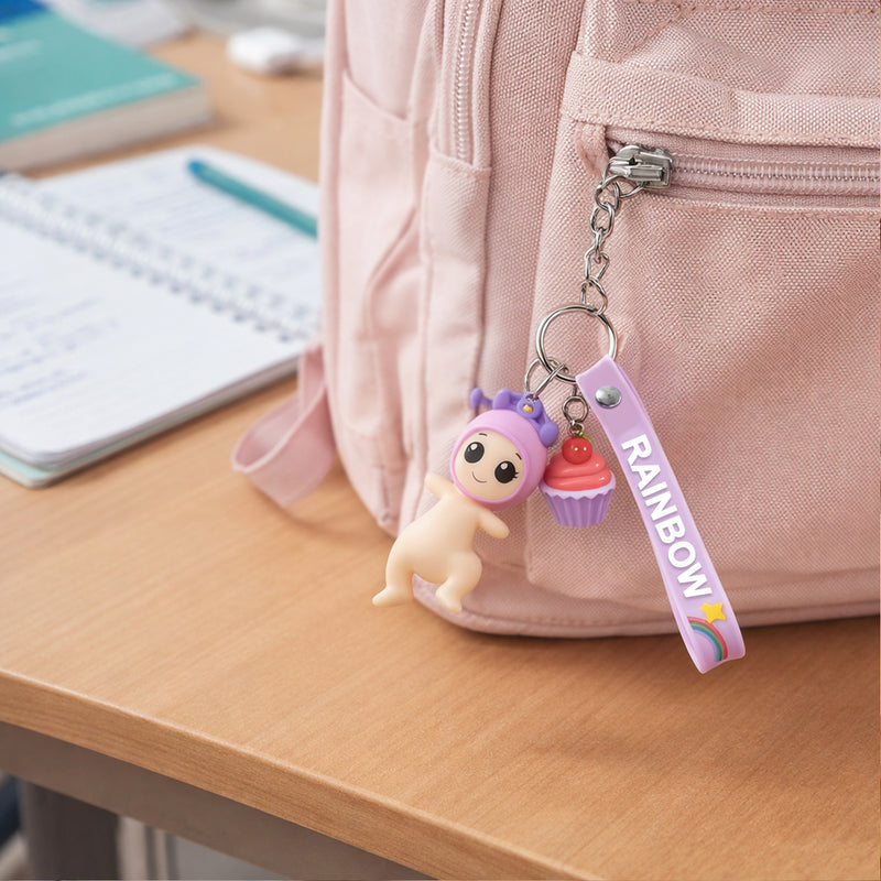 Cute Doll  Cupcake Keychain With Rainbow Strap (1 Pc)