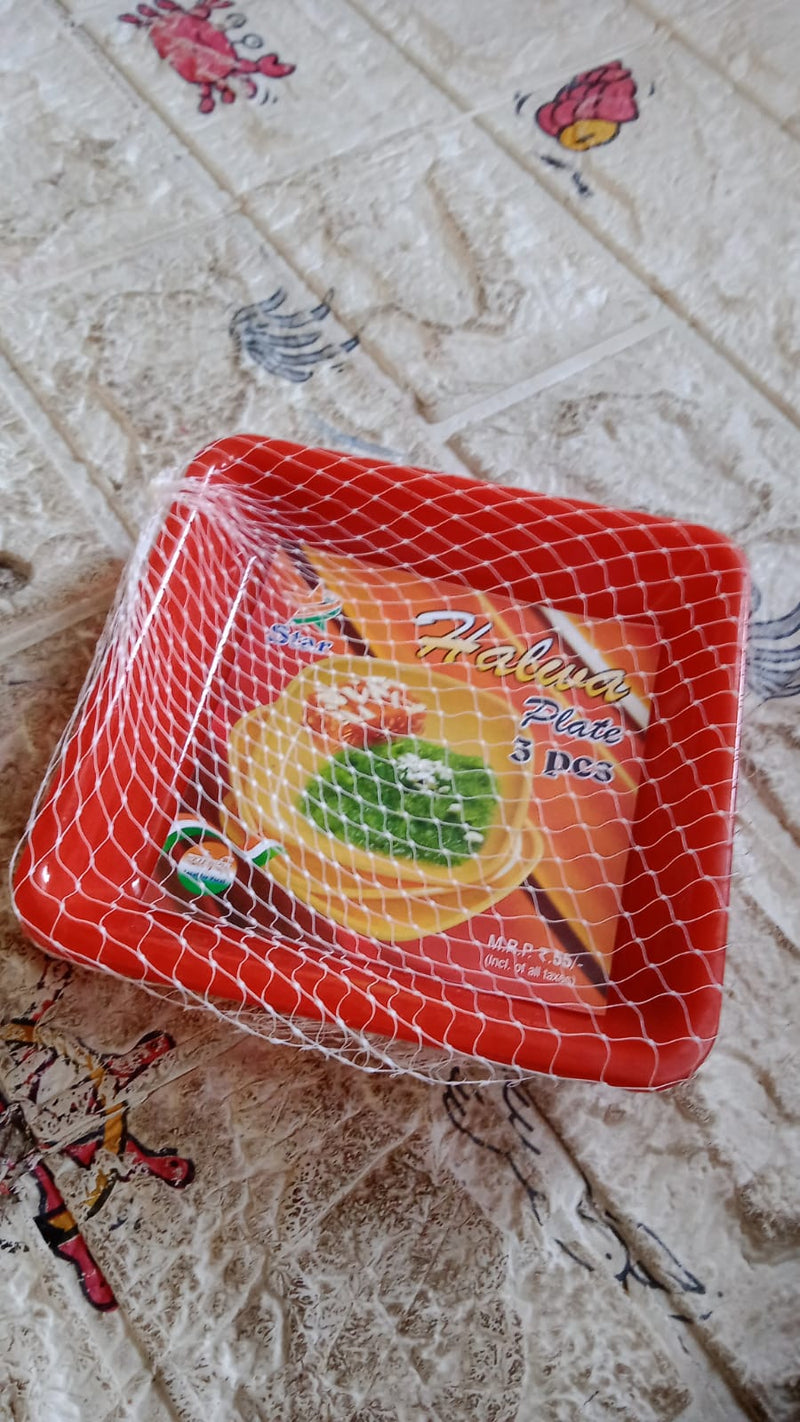 Square Plastic Halwa Dinner Plate Snacks Tray Set for Home Office 3 Pcs