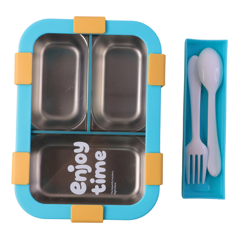 Airtight 3 Compartment Stainless Steel Lunch Box With Spoon  Fork  600ml