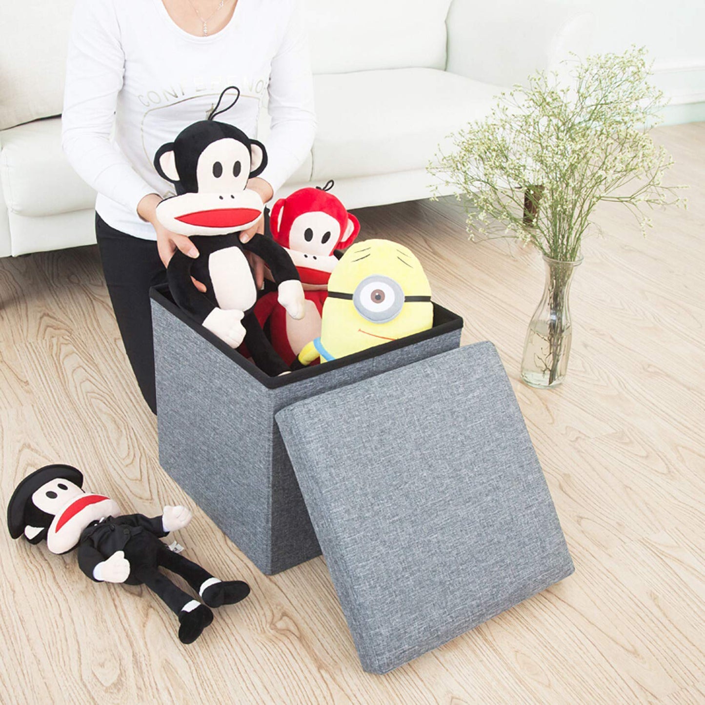 Cube Shape Sitting Stool With Storage Box & Cushion Seat