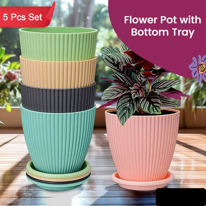 Plastic Flower Pot With Bottom Tray (5 Pcs Set)