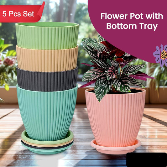 Plastic Flower Pot With Bottom Tray (5 Pcs Set)