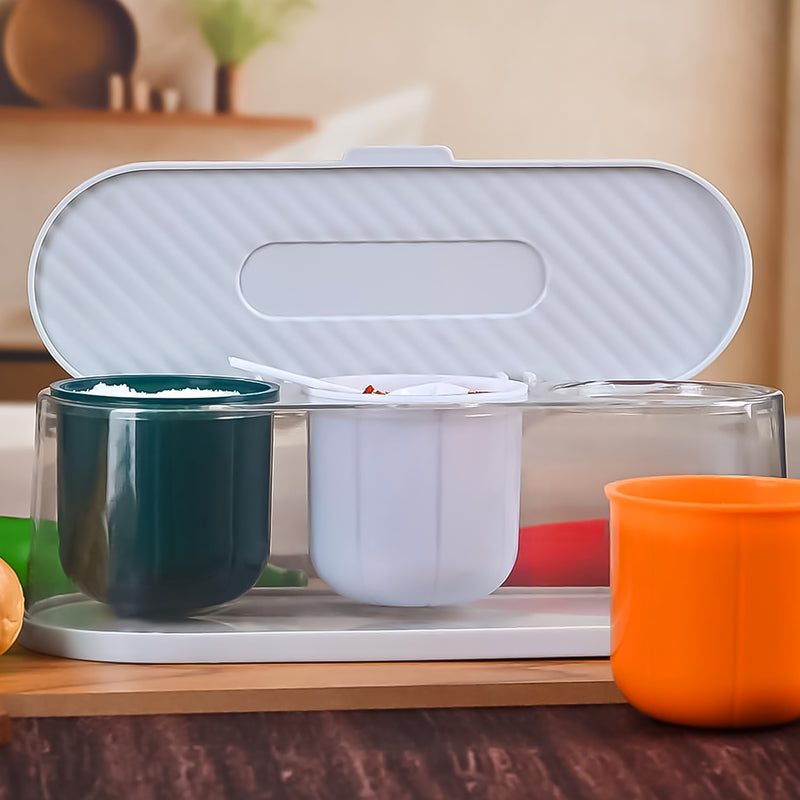 3 Grid Seasoning Spice Masala Box Kit With Spoon (Multicolour / 1 Set)