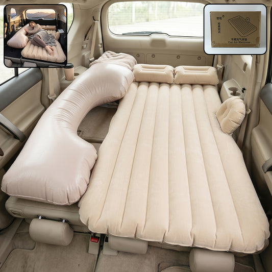 Portable Car Air Mattress Bed Set With Pump  Pillows Inflatable (Beige)