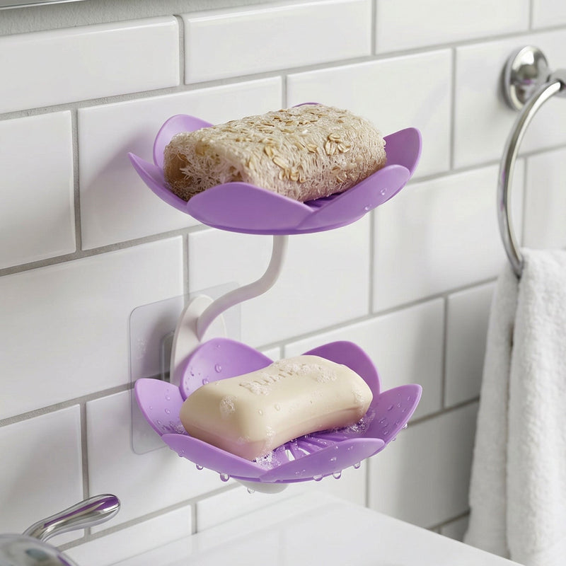 Flower Shape Double Layer Plastic Soap Dish Wall Mounted Holder (1 Pc)