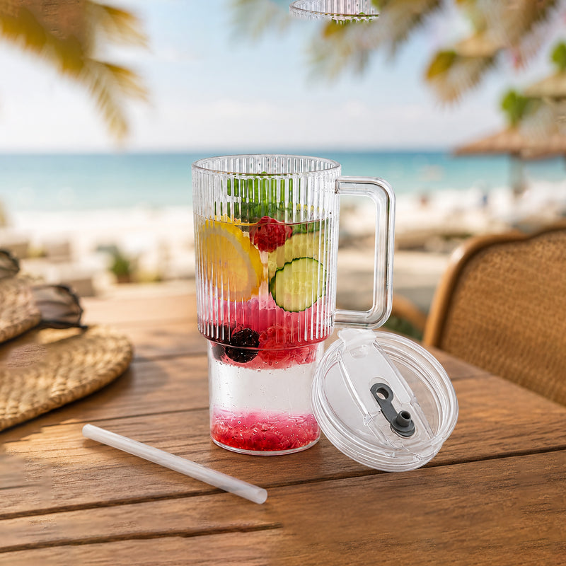 Kids Tumbler 900ml With Handle Lid And Straw Ribbed Water Sipper Cup (1 Pc)