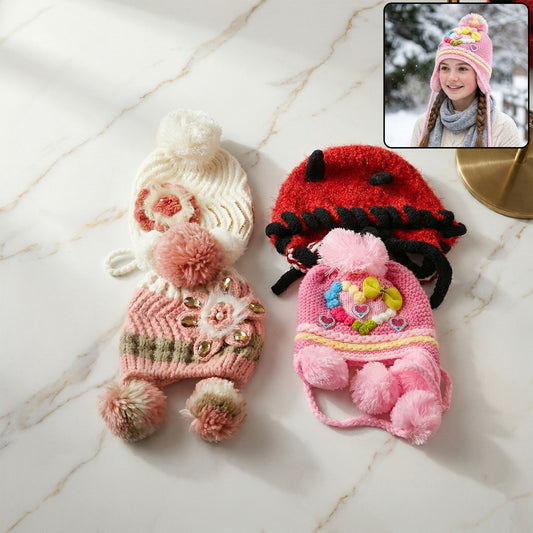 Cute Kids Winter Woolen Ear Flap Cap With Pom Pom (1 Pc Mix Design)