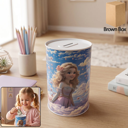 Cartoon Printed Metal Coin Saving Box  1 Pc Cute Princess Design Money Bank For Kids