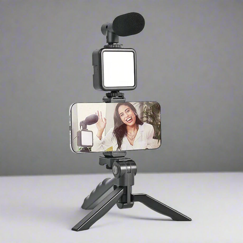 Vlogging Kit With Mic, Mini Tripod, LED Light & Phone Holder Clip