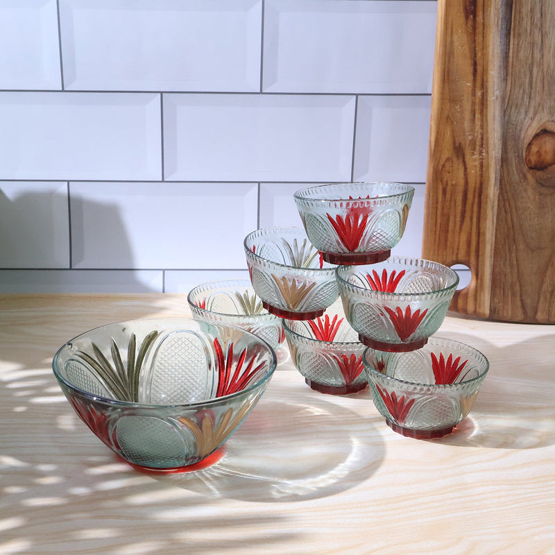 Rose glass Multipurpose Pudding / Dessert / Ice Cream Bowl Set for Home use, Home & Kitchen Serving Bowl for Sundae, Sweets, Snacks, Fruit, Pudding, Nuts or Dip, Serving Bowls 6 Medium & 1 Big Bowl (Set of 7 pc)
