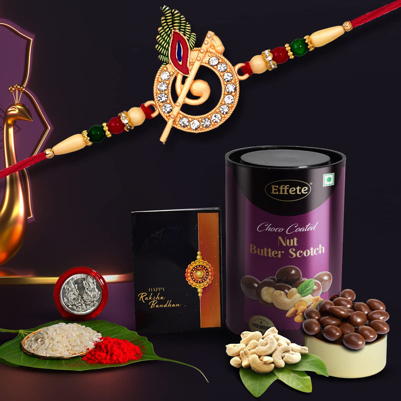 Krishna Flute Rakhi With Choco Nut Butterscotch Coin Tilak  Greeting Card Combo